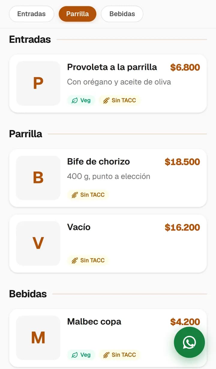 Carta digital de Parrilla Los Andes con platos, precios y etiquetas Vegetariano y Sin TACC
