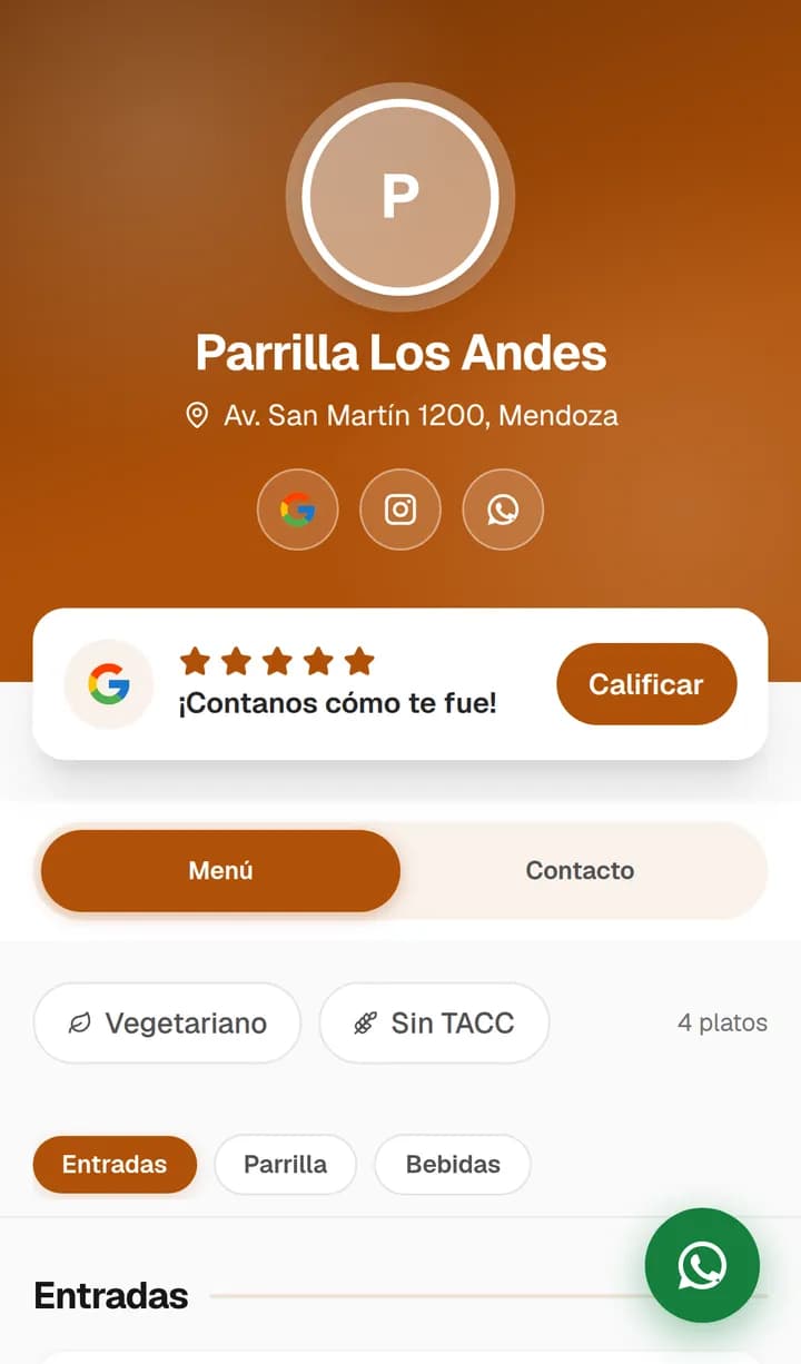 Perfil de Parrilla Los Andes en el celular, con el botón para calificar y los accesos a Google, Instagram y WhatsApp