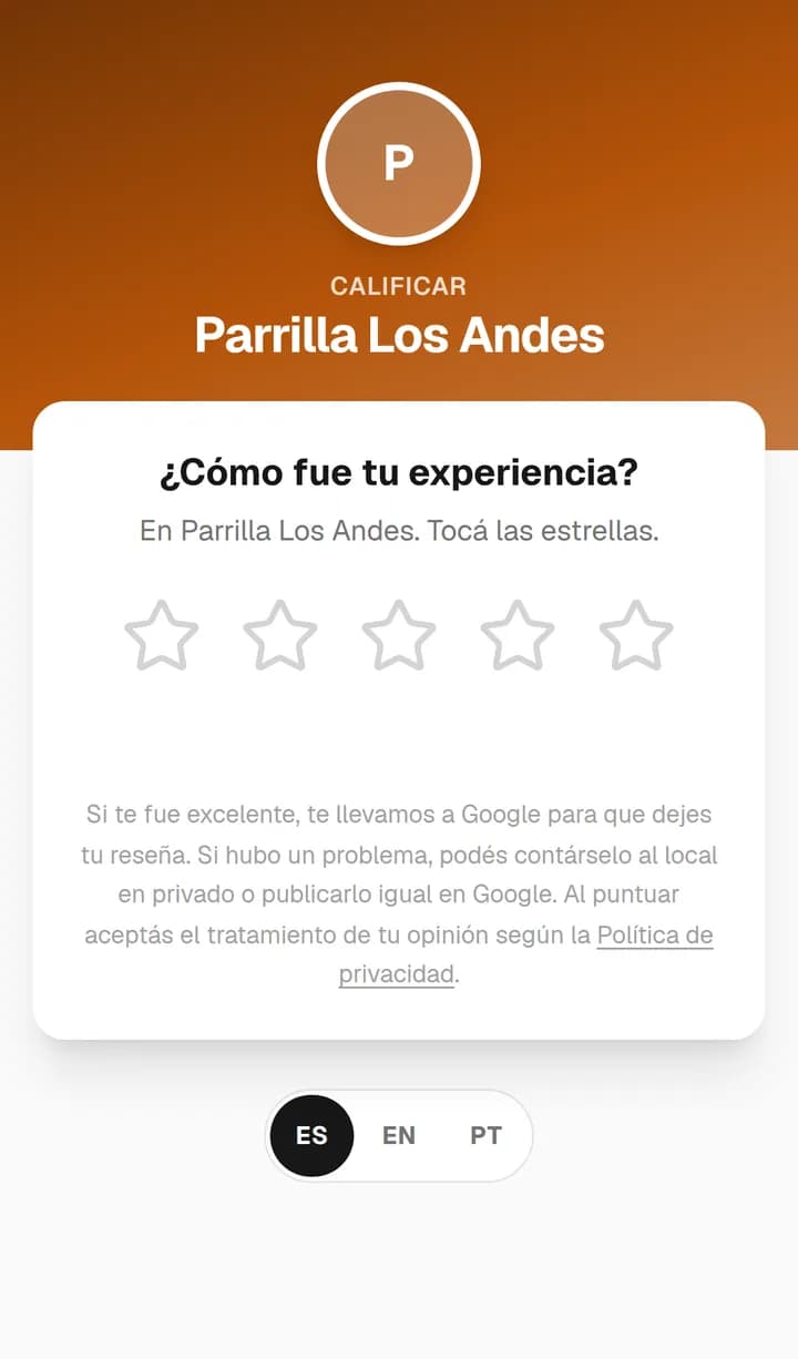 Pantalla para calificar la experiencia en Parrilla Los Andes con cinco estrellas